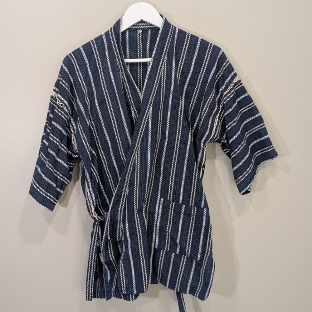 Kimono Robe Navy White Stripe Crochet Trim Pockets Beach Coverup Coastal OS